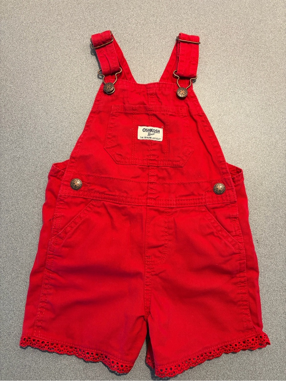 OshKosh B'gosh Bright Red Girls' Short Overalls 2T eyelet trim patriotic